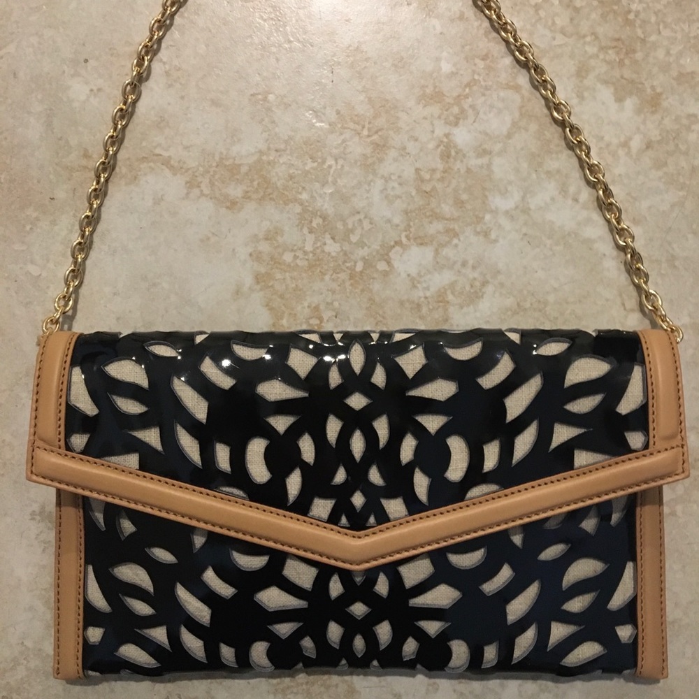 Sondra Roberts Perforated Patent Leather Envelope Clutch w/ Natural leather trim
